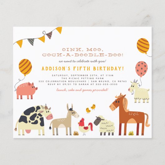 Papier Budget Oink Moo Cock-a-doodle-doo ferme Anniversai (Devant)