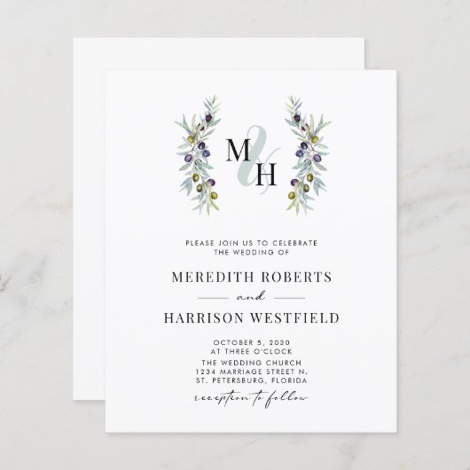 Papier Budget Olive Branch Monogram Mariage Invitation (Devant / Derrière)