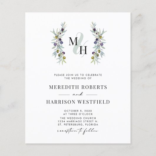 Papier Budget Olive Branch Monogram Mariage Invitation (Devant)