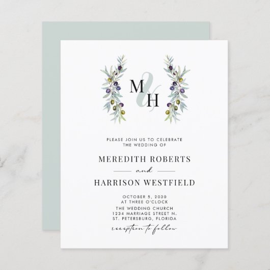 Papier Budget Olive Branch Monogram Mariage Invitation (Devant / Derrière)