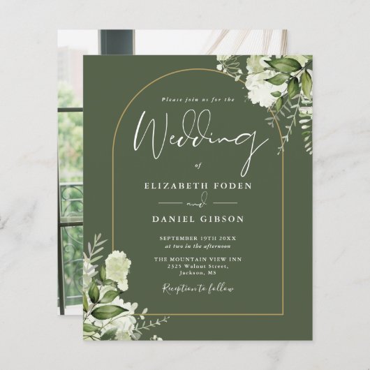 Papier Budget Olive Green Floral Photo Mariage Invitation (Devant / Derrière)