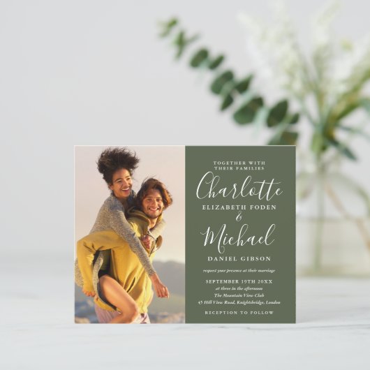 Papier Budget Olive Script Photos Faire-part de mariage (Debout devant)