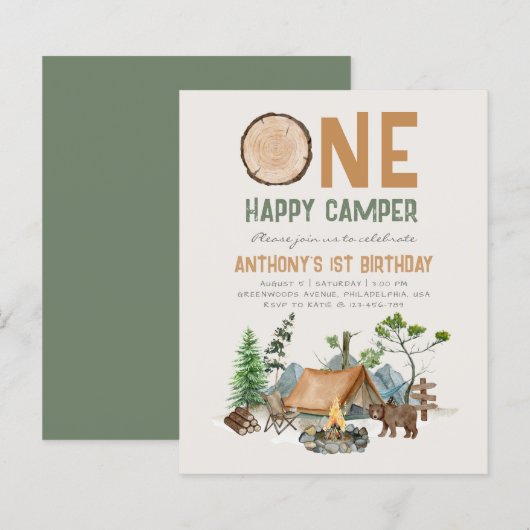 Papier Budget One Happy Camper Woodland 1er anniversaire (Devant / Derrière)