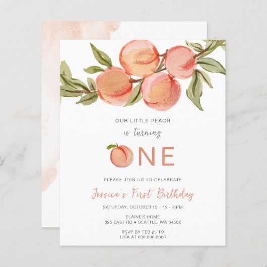 Papier Budget One Sweet Peach First Birthday Invitation (Devant / Derrière)