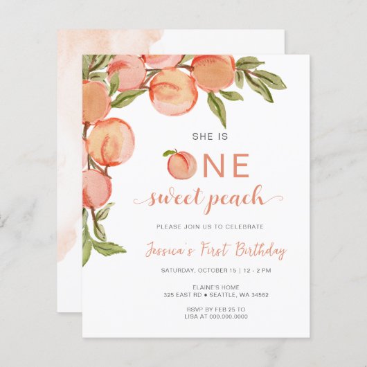 Papier Budget One Sweet Peach First Birthday Invitation (Devant / Derrière)