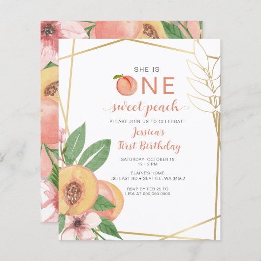 Papier Budget One Sweet Peach First Birthday photo Invite (Devant / Derrière)