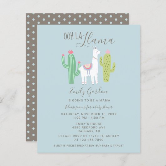 Papier Budget Ooh La Llama Baby shower mignon bleu & marr (Devant / Derrière)