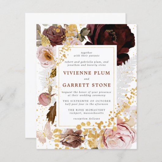 Papier Budget Or Bourgogne Dusty Faire-part de mariage ro (Devant / Derrière)