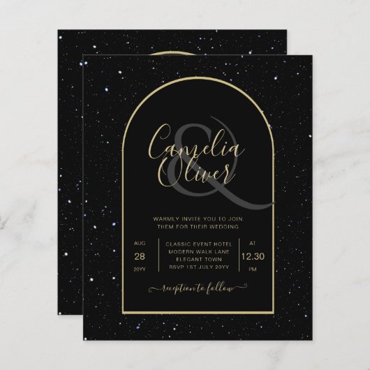 Papier BUDGET OR NOIR étoile Mariage de nuit INVITE (Devant / Derrière)