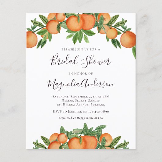 Papier Budget Orange Citrus nuptiale douche Invitation (Devant)