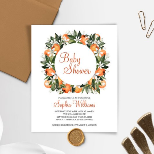 Papier Budget Orange Floral Baby shower Invitation