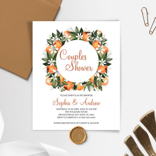 Papier Budget Orange Floral Couples Douche Invitation