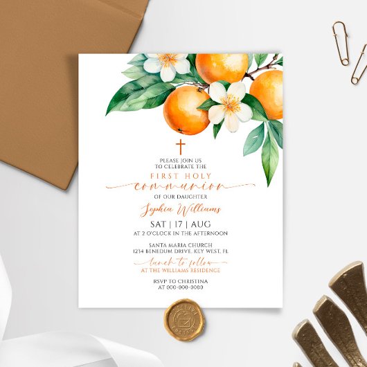 Papier Budget Orange Floral First Communion Invitation