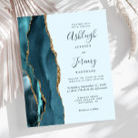 Papier Budget Pale Turquoise Agate Gold Faire-part de mar<br><div class="desc">Le bord gauche de cette élégante faire-part de mariage moderne comporte une bordure turquoise en aquarelle ornée d'une parties scintillant en faux or. Le texte personnalisable combine écriture manuscrite, copperplate et polices italiques en turquoise foncé sur un arrière - plan turquoise pâle. L'envers présente un design d'agate turquoise et or...</div>