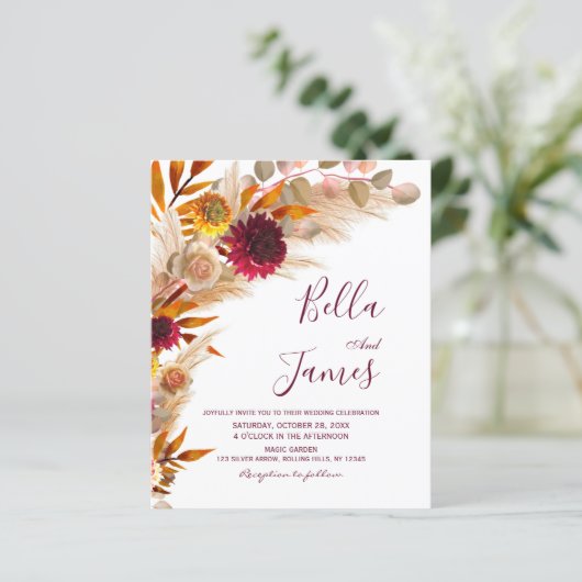 Papier Budget Pampas Grass Floral Boho Mariage Invitation (Debout devant)