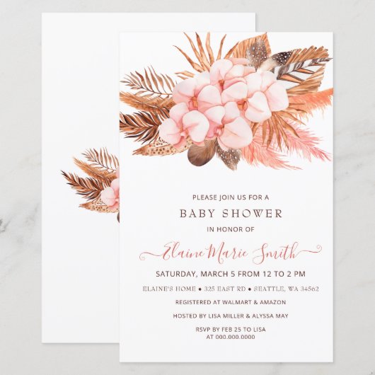 Papier Budget Pampas Grass Girl Baby shower Invitation (Devant / Derrière)