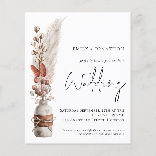 Papier Budget Pampas Grasses QR Code Faire-part de mariag (Devant)