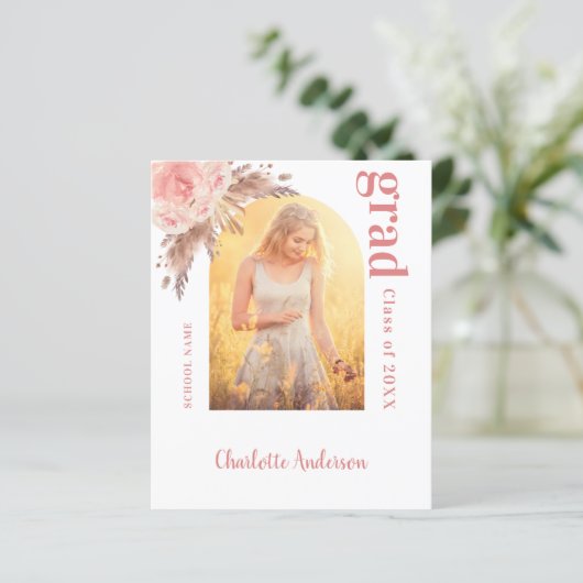 Papier Budget pampas herbe blush graduation faire-part (Debout devant)