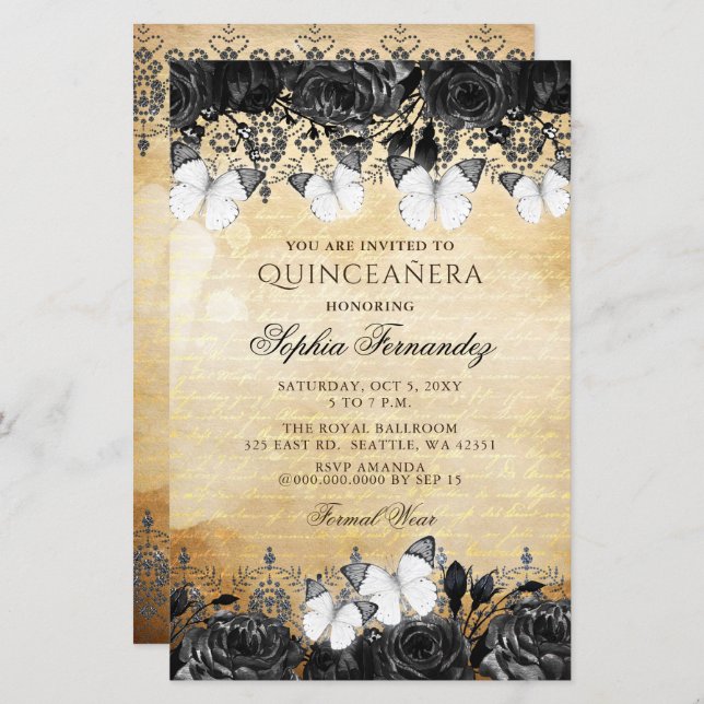 Papier Budget Papillon noir Quinceañera Invitation (Devant / Derrière)