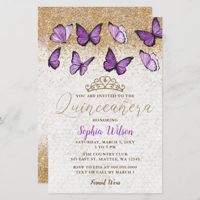 Papier Budget Papillon pourpre Quinceañera Invitation (Devant / Derrière)