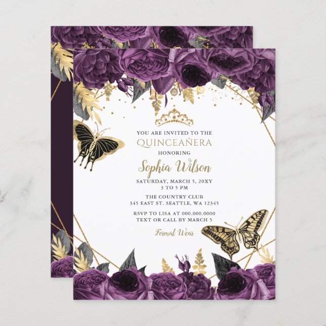 Papier Budget Papillon pourpre Quinceañera Invitation (Devant / Derrière)