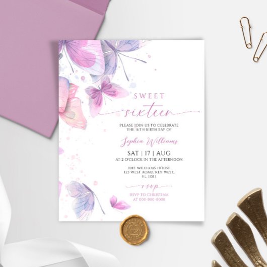 Papier Budget Papillons doux 16 Anniversaire Invitation