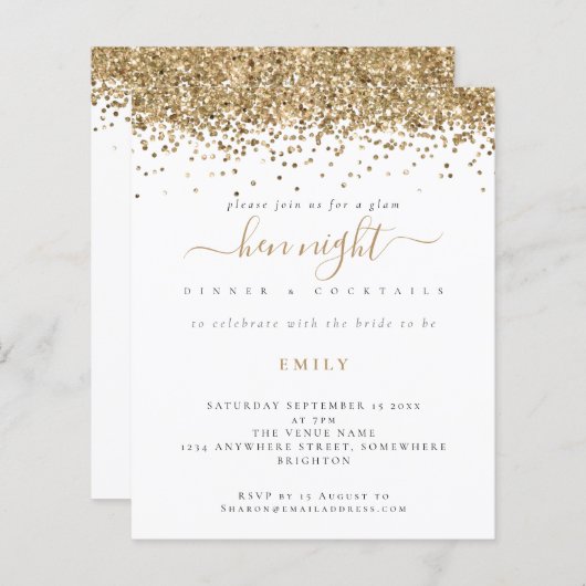 Papier Budget Parties scintillant Or Hen Night Invitation (Devant / Derrière)