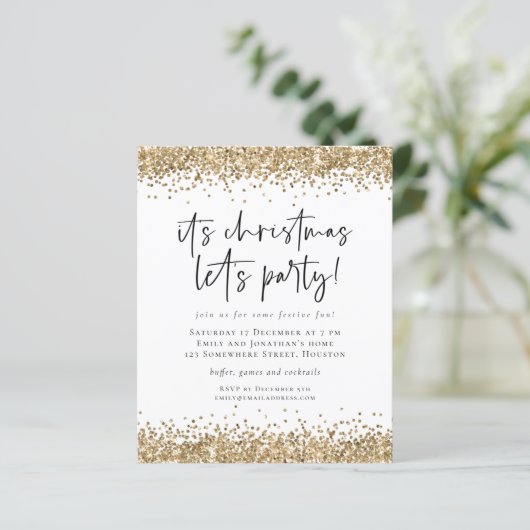 Papier Budget Parties scintillant or Noël Lets Invitation (Debout devant)