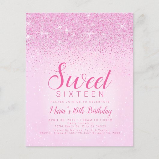 Papier Budget Parties scintillant rose, Sweet 16 Invitati (Devant)