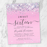 Papier Budget Parties scintillant Sweet 16 Anniversaire F<br><div class="desc">Invitation à la fête du 16e anniversaire pour une fille abordable avec un holographe brillant violet,  rose et argent faux parties scintillant confetti contre un arrière - plan rose et "Sweet sixteen" dans un mélange d'élégante typographie gris doux et un script tendance avec des swashes.</div>