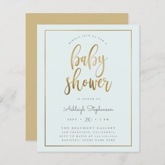 Papier Budget Pastel Blue Gold Typographie Baby shower ga (Devant / Derrière)