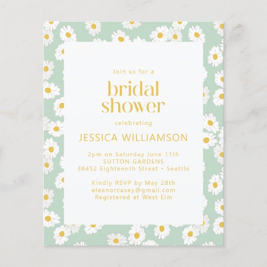 Papier Budget Pastel Sage Green Daisies Fête des mariées (Devant)