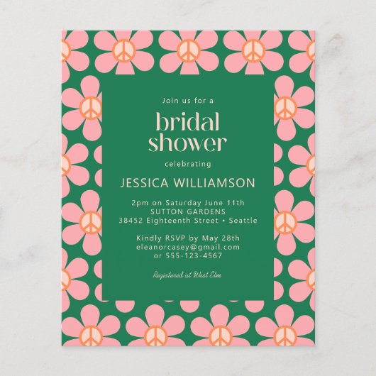 Papier Budget Peace Floral Green Fête des mariées Invitat (Devant)