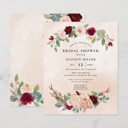 Papier Budget Peach Burgundy Citrouilles Fête des mariées (Devant / Derrière)