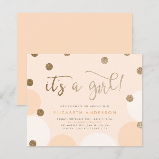 Papier Budget Peach & Gold Confetti Baby shower fille (Devant / Derrière)