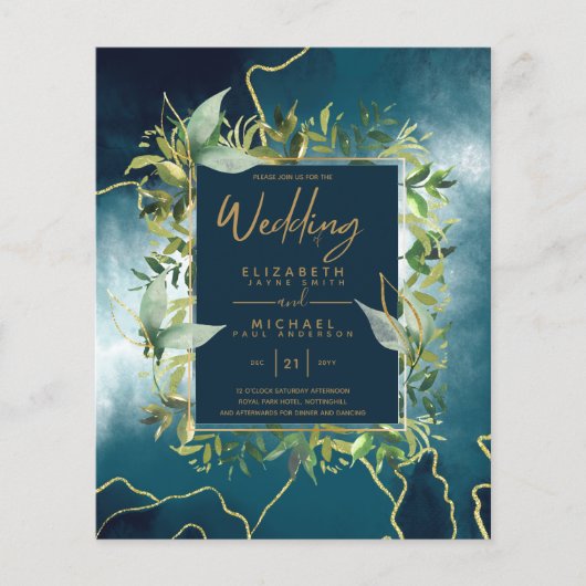 Papier BUDGET Peacock Bleu Or Vert Mariage Invite (Devant)
