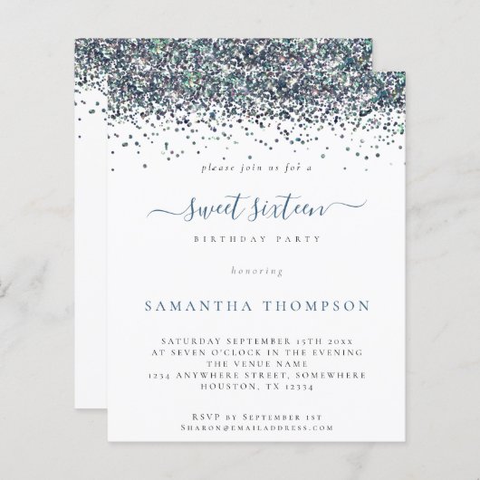 Papier Budget Peacock Blue Parties scintillant Sweet 16 I (Devant / Derrière)