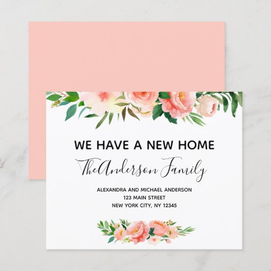 Papier Budget Pêcher Corail Floral Moving Faire-part (Devant / Derrière)