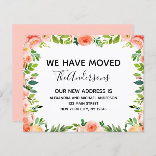 Papier Budget Pêcher Corail Floral Moving Faire-part (Devant / Derrière)