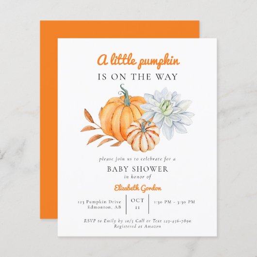 Papier Budget Petit Baby shower Citrouille Élégant Simple (Devant / Derrière)