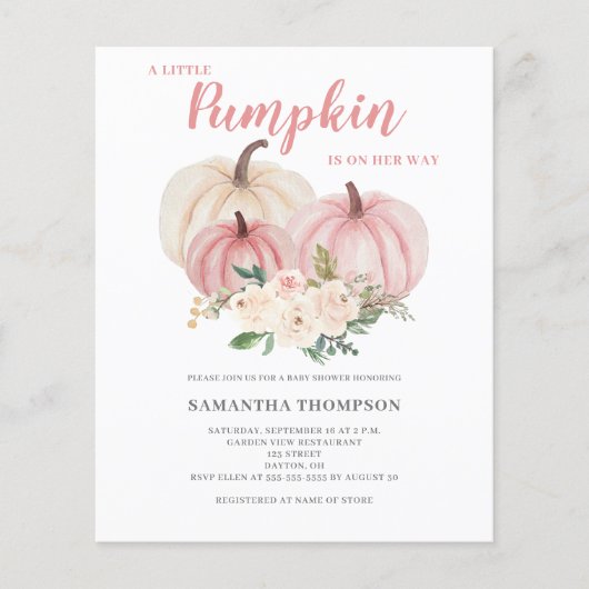 Papier Budget Petite Citrouille Baby shower rose Invitati (Devant)