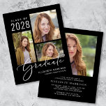 Papier Budget Photo Black Graduation Party Invitation<br><div class="desc">Faire-part de graduation noire et invitation à la fête avec un collage photo de 3 images et "Graduate" dans une typographie stylisée en écriture blanche, et le nom de la diplômée, l'année de classe et l'école ou l'université dans la typographie blanche moderne. Au verso, ajoutez une photo supplémentaire et les...</div>