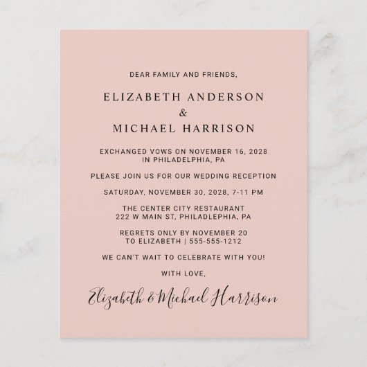 Papier Budget Photo Blush Mariage Réception Invitation (Dos)