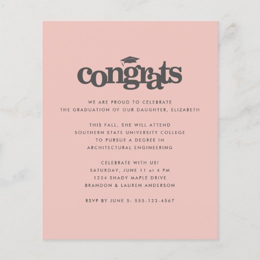 Papier Budget photo blush rose graduation invitation auda (Dos)