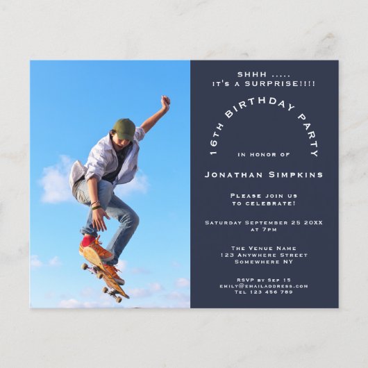 Papier Budget Photo Boy 16th Surprise Party Invitation de (Devant)