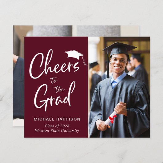Papier Budget Photo Burgundy Red Graduation Faire-part (Devant / Derrière)