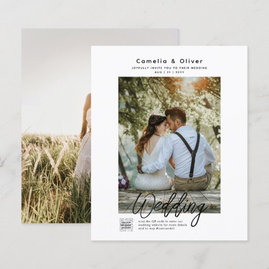 Papier Budget Photo Faire-part de mariage classique blanc (Devant / Derrière)