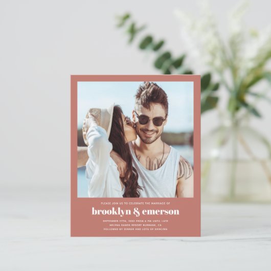 Papier Budget Photo moderne QR Code Faire-part de mariage (Debout devant)