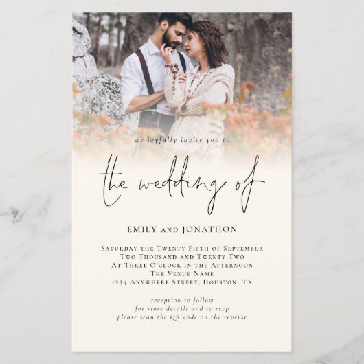 Papier Budget Photo QR Code Script Cream Wedding Invitati (Devant)