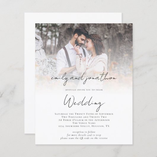 Papier Budget Photo QR Code Script Invitation de mariage  (Devant / Derrière)